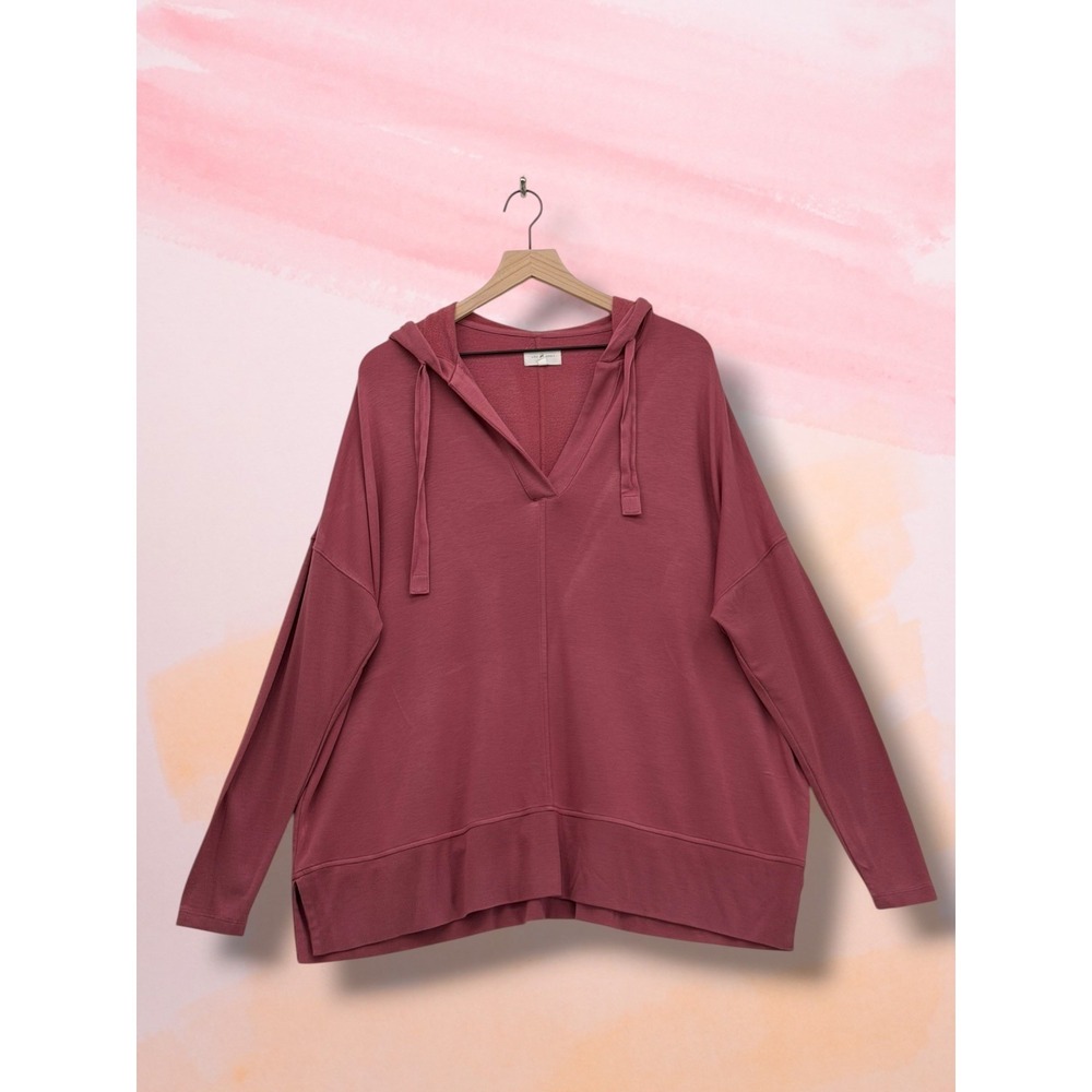 Lou & Grey Soft Knit V-Neck Oversized Pullover Hoodie Burgundy L